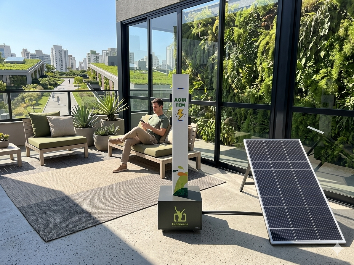 Totem solar personalizado com a marca do cliente em evento corporativo